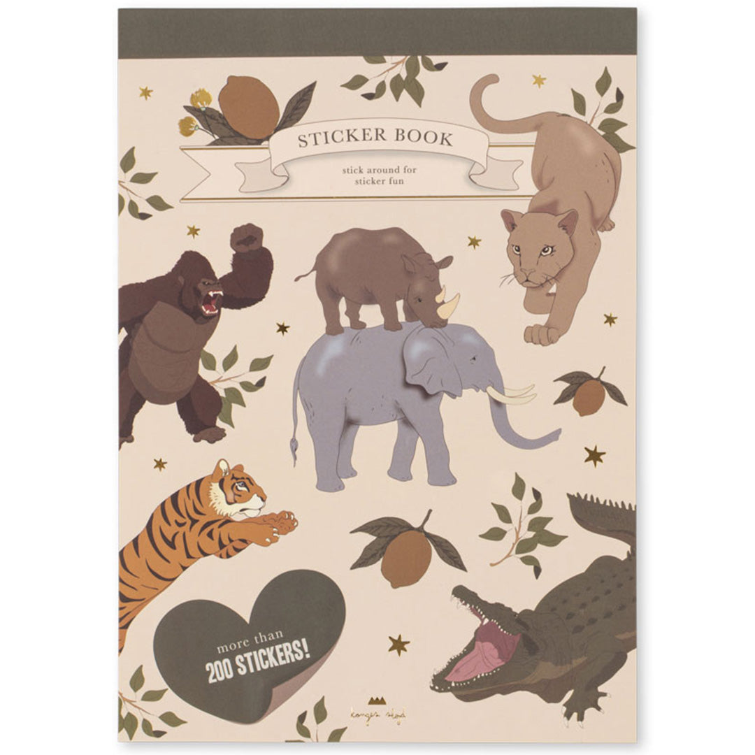Konges Sløjd stickerboek met safari dieren zoals een gorilla, olifant en tijger, en de tekst "more than 200 STICKERS!".