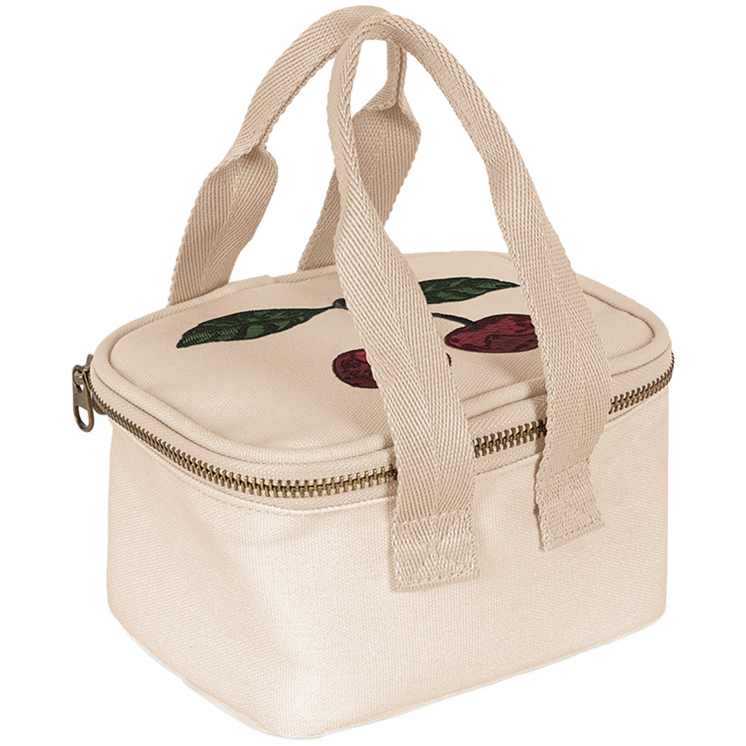 Konges Sløjd beige thermo lunchtas met kersenprint, schuin van bovenaf gefotografeerd.