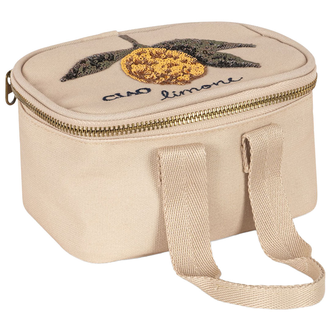 Konges Sløjd mini thermo lunchtas in beige met geborduurde citroen en de tekst 'ciao limone'.