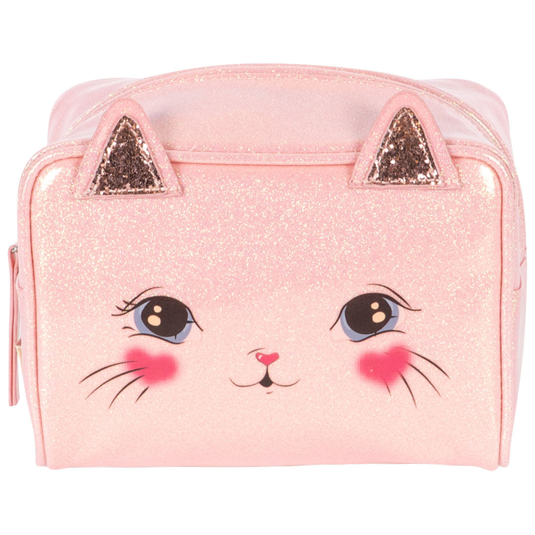 Konges Sløjd roze glitter toilettas met kattengezicht en oren, van voren gefotografeerd.
