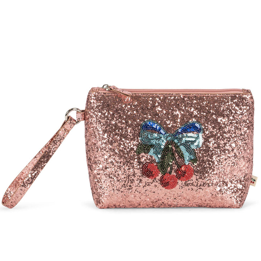 Konges Sløjd glitter roze speelgoed toilettas met kersen en strik op de voorkant.