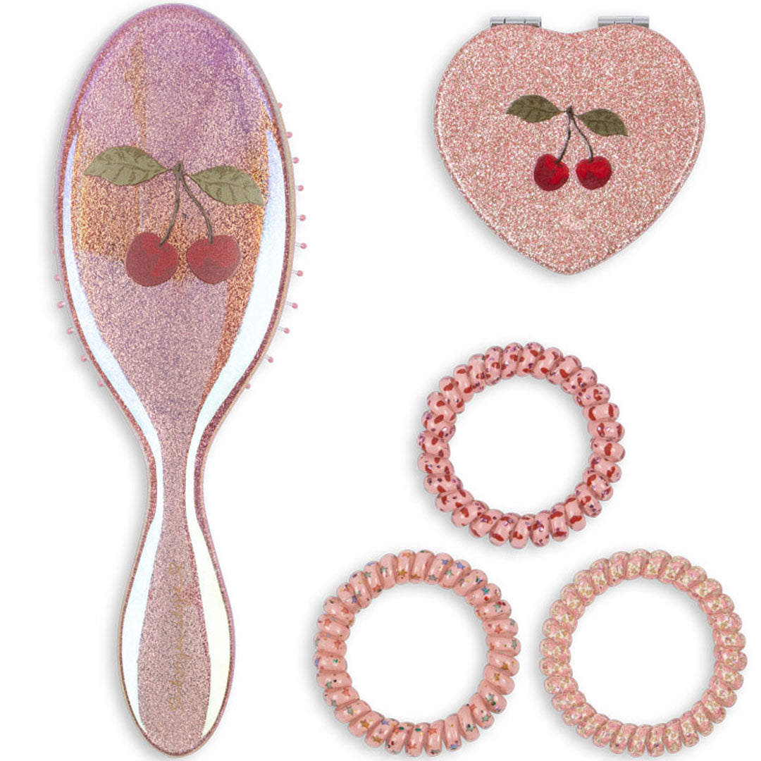 Glitter roze speelgoed haarborstel met kersen, hartvormige spiegel en drie spiraal haarelastiekjes.