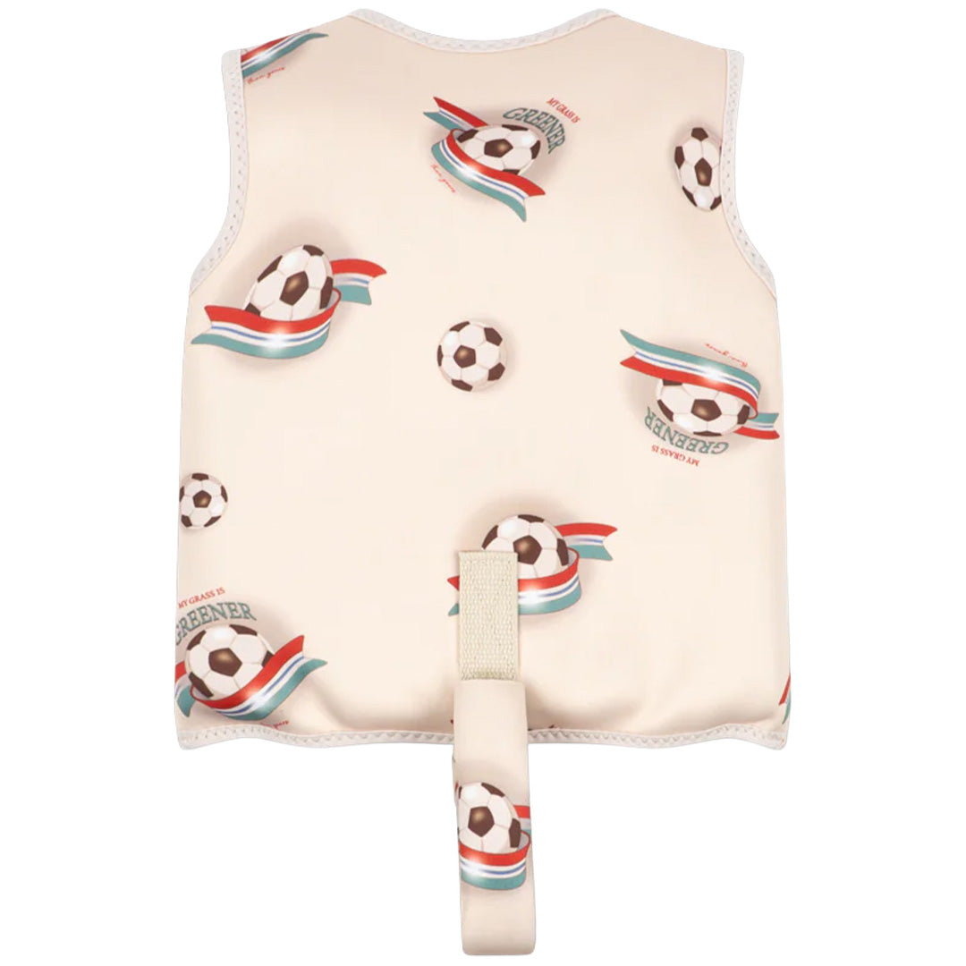 Achterkant van het Konges Sløjd zwemvest voor kinderen met voetbalthema.