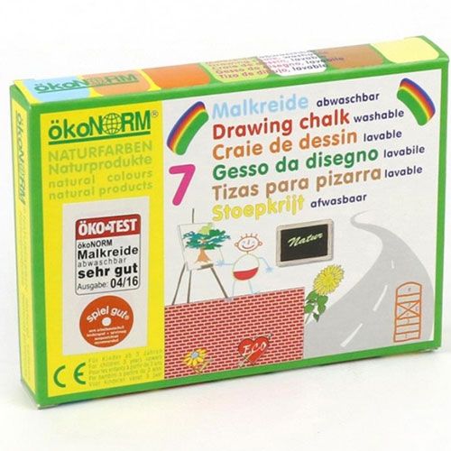 De verpakking van ökonorm eco stoepkrijt met meertalige tekst en illustraties.