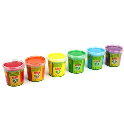 Zes open potjes ökonorm eco vingerverf in de kleuren rood, oranje, geel, groen, blauw en paars.