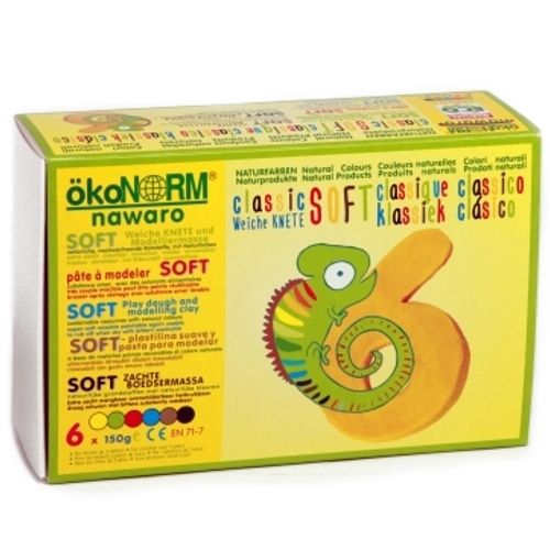 De gele verpakking van de ökonorm luchtdrogende klei set met een kameleon illustratie.