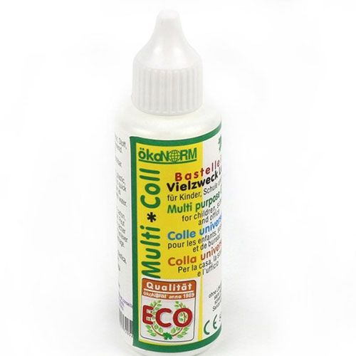 Een witte fles ökonorm Multi Coll universele knutsellijm met een witte dop.