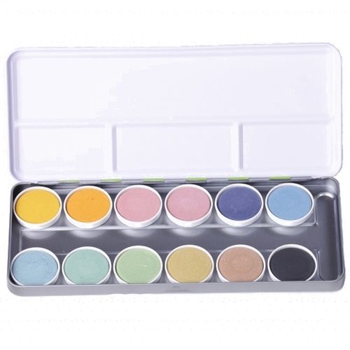 ökonorm natuurlijke waterverfdoos met 12 ronde aquarelverfjes in pastelkleuren, open in een metalen doos.