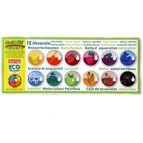 Voorkant van de groene ökonorm natuurlijke waterverf verpakking met de tekst '12 Akvarelo' en illustraties van natuurlijke ingrediënten.