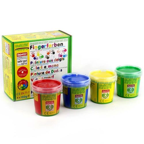 ökonorm vingerverf set met vier potjes rode, blauwe, gele en groene verf en de groene productverpakking.