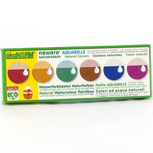 Verpakking van de ökonorm natuurlijke waterverfset voor paaseieren met zes kleuren en waterdruppels.