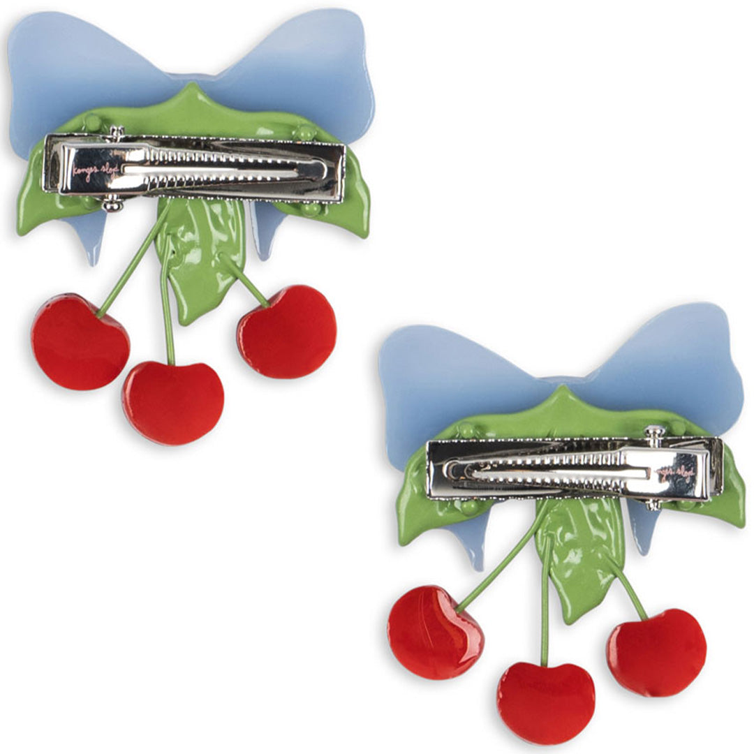 De achterkant van twee Konges Sløjd kinder haarclips met de metalen clipmechanismen.