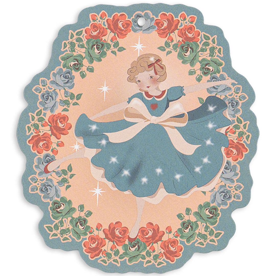 Rond konges sløjd cadeaulabel met een ballerina omringd door bloemen.