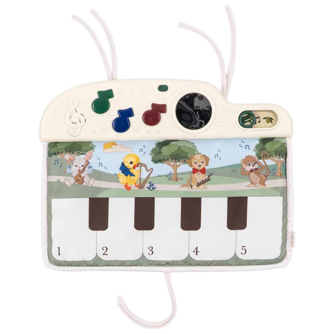 Konges Sløjd muzikale activiteitenmat voor baby's met een pianotoetsenbord en illustraties van dieren die instrumenten bespelen.