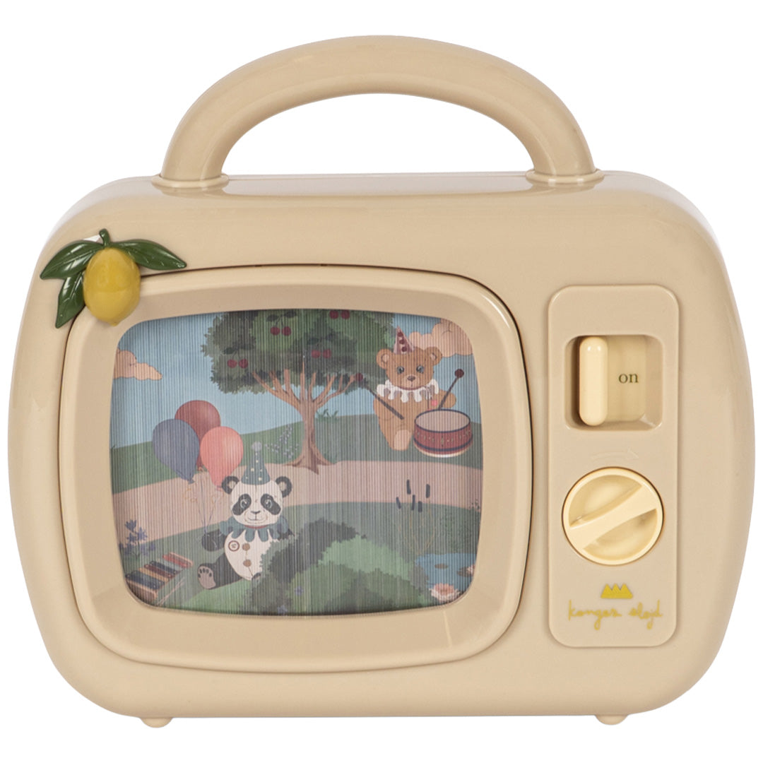 Konges sløjd beige muziek tv speeldoos met een scherm waarop een panda en beer feestvieren.