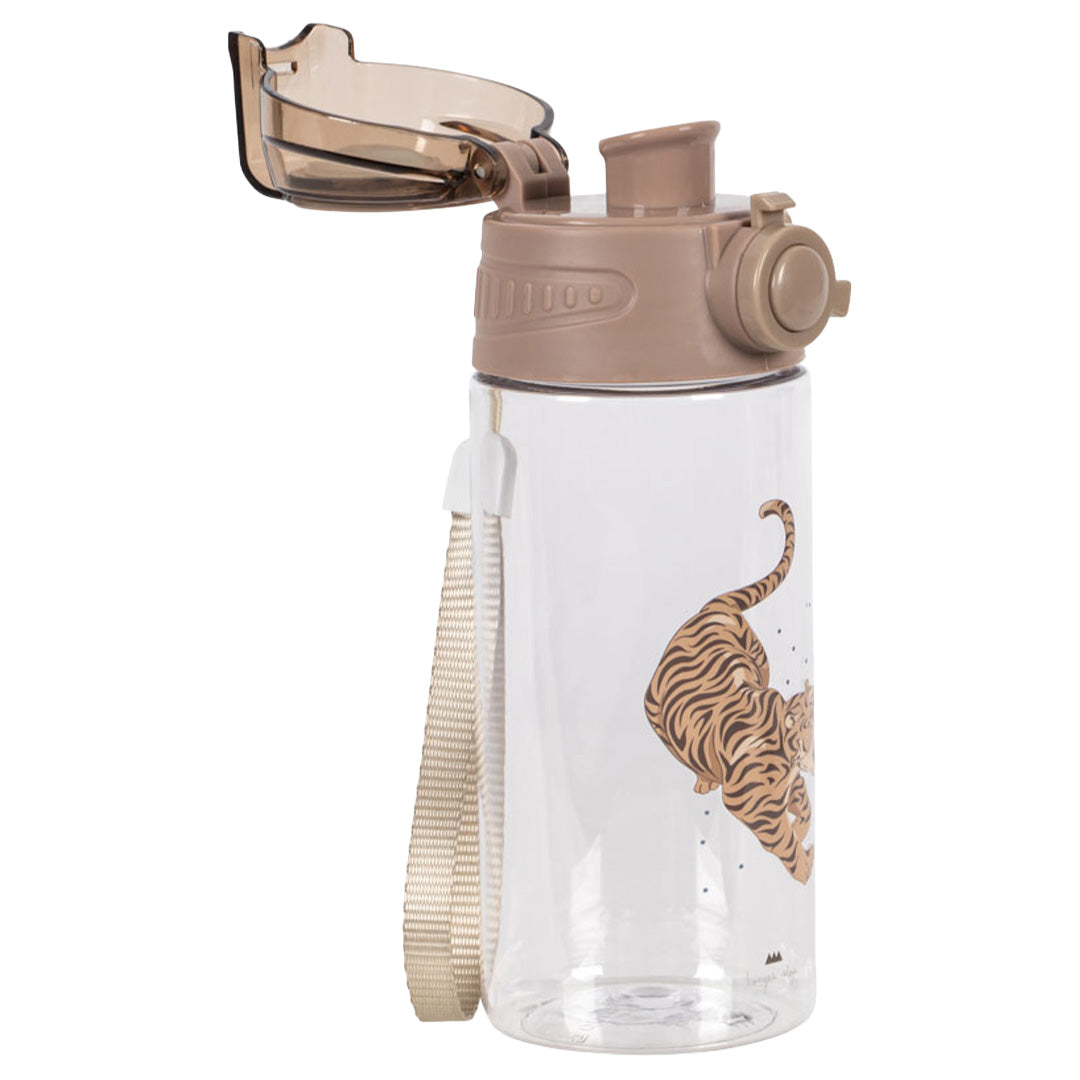 Konges Sløjd kinder drinkfles met open beige dop, tijgerprint en draagband.