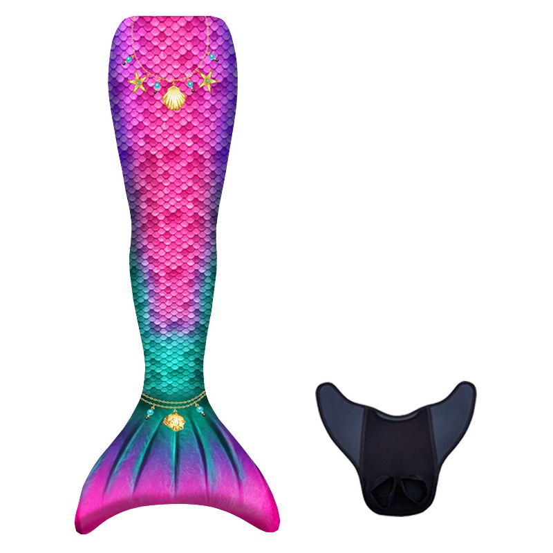 kuaki mermaids zeemeerminstaart met schubbenpatroon en losse zwarte monofin.