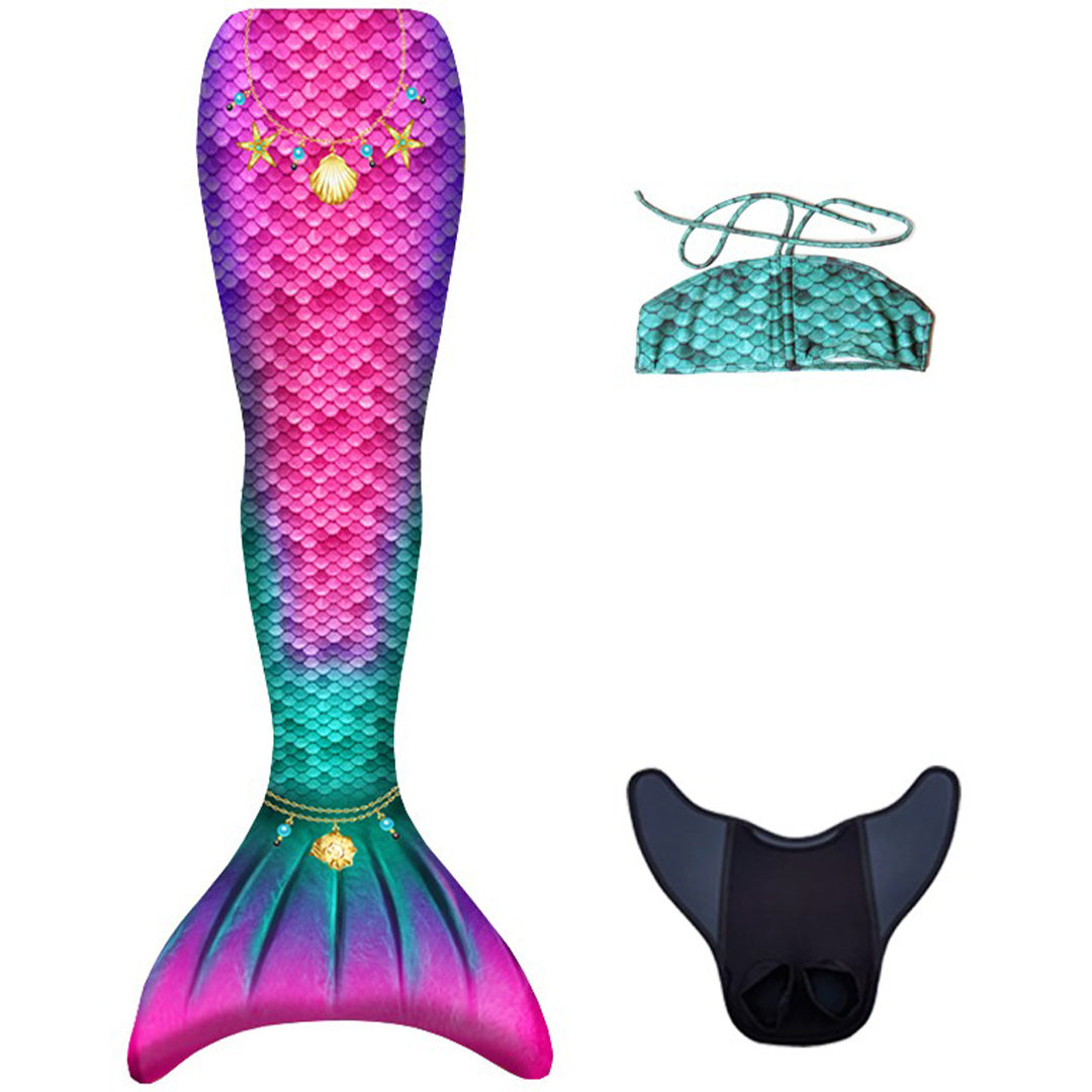Kuaki mermaids zeemeerminstaart set met roze-paarse staart, turquoise bikini top en zwarte monofin.