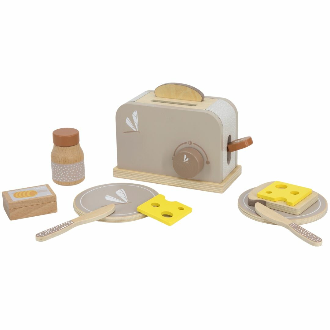 label label houten speelgoed broodrooster set met toast, kaas, boter, borden en bestek.