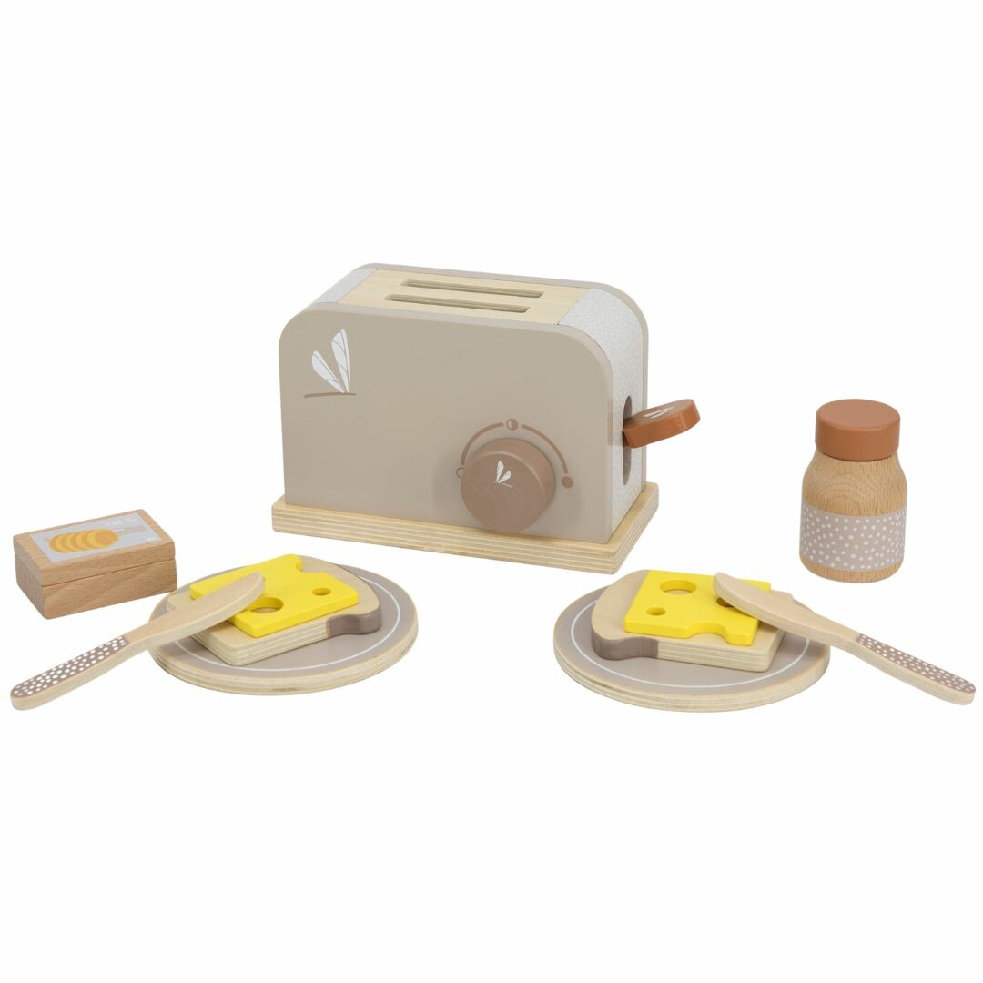 label label houten speelgoed broodrooster set met twee borden met toast en kaas, boter en een flesje.