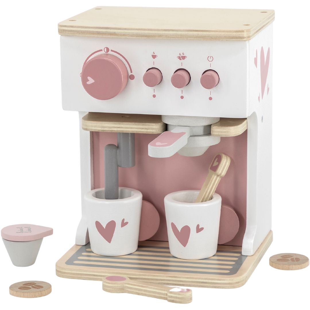 label label houten speelgoed koffiezetapparaat in wit en roze met hartenpatroon, inclusief kopjes en accessoires.