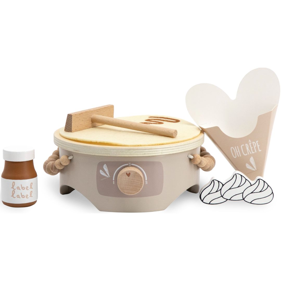 Label Label houten pannenkoekenmaker speelset met beige basis, houten spatels, sausflesje en crêpe hoorntje.