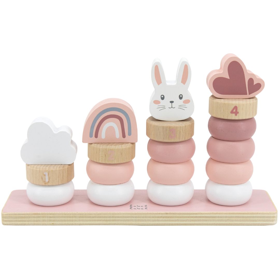 Label Label houten stapeltoren met roze, witte en naturelkleurige ringen, met thema's als een konijn, regenboog, wolken en harten.