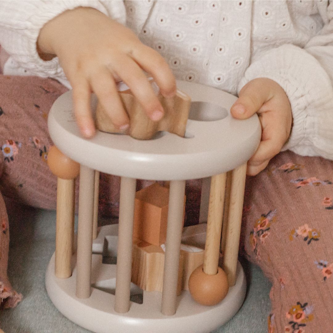 Detail van kinderhanden die een houten blokje in het label label vormsorteerwiel plaatsen.