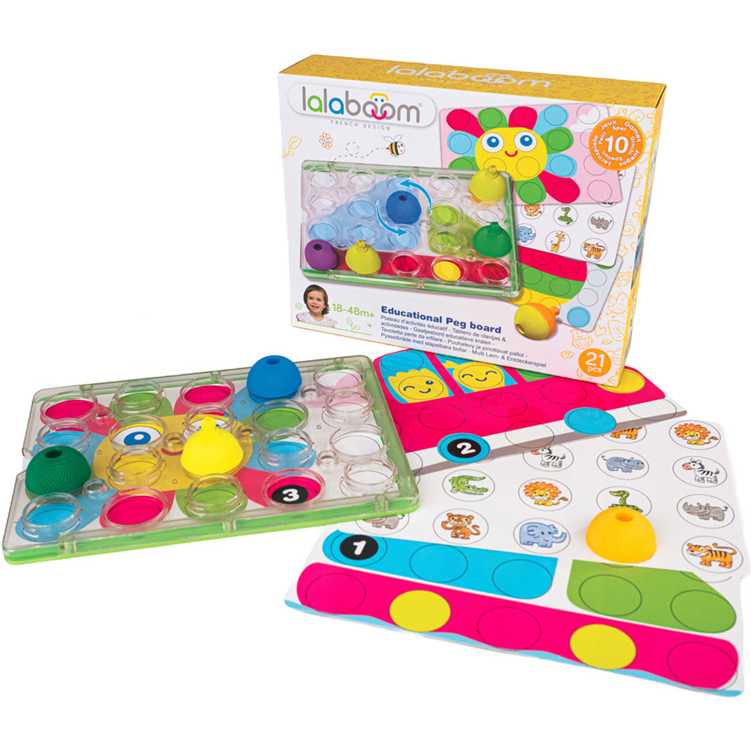 Lalaboom babyspeelgoed set met een educatief activiteitenbord, klikkralen en de productverpakking.