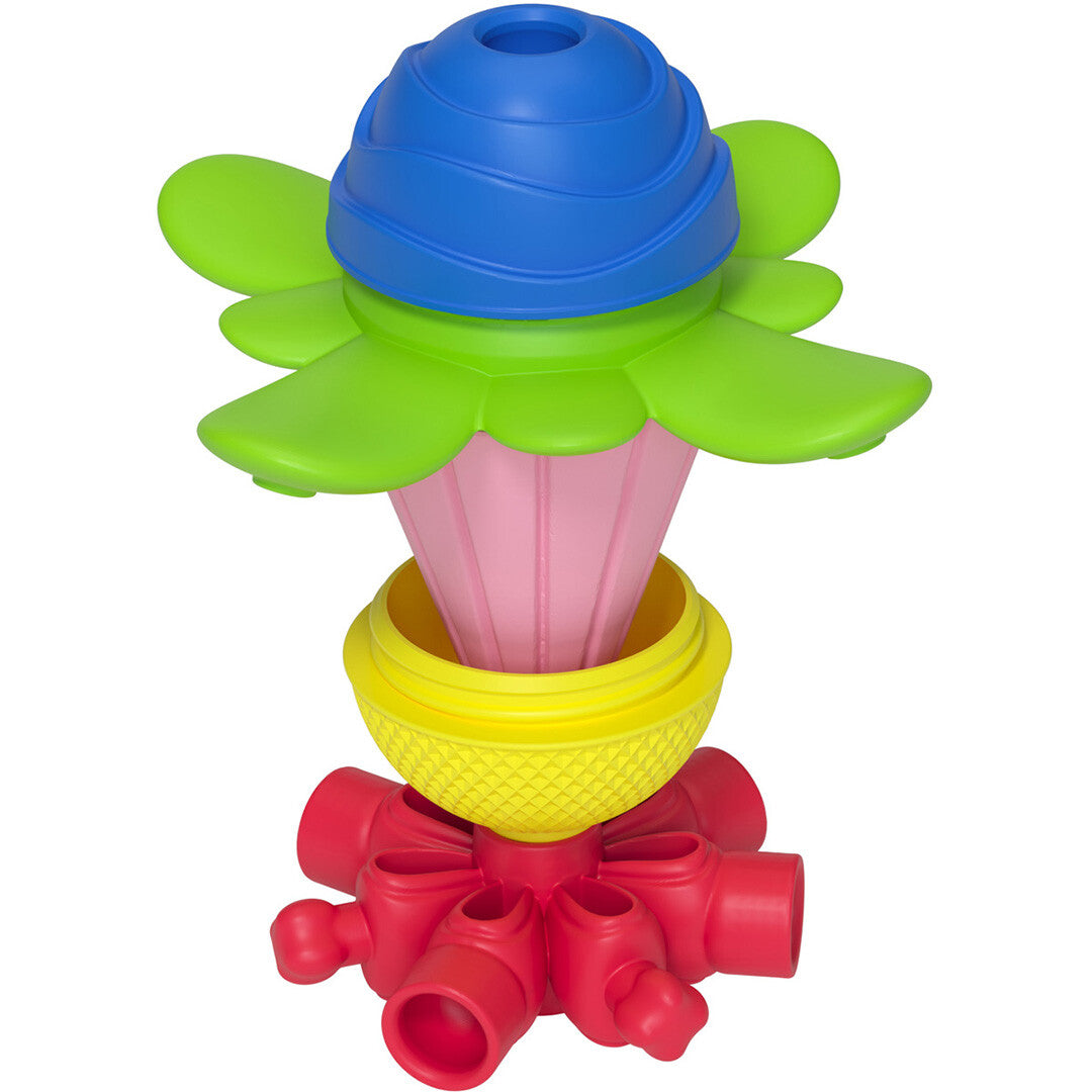 Een samengestelde lalaboom klikkraal in de kleuren blauw, groen, roze, geel en rood, met een bloemachtig uiterlijk.