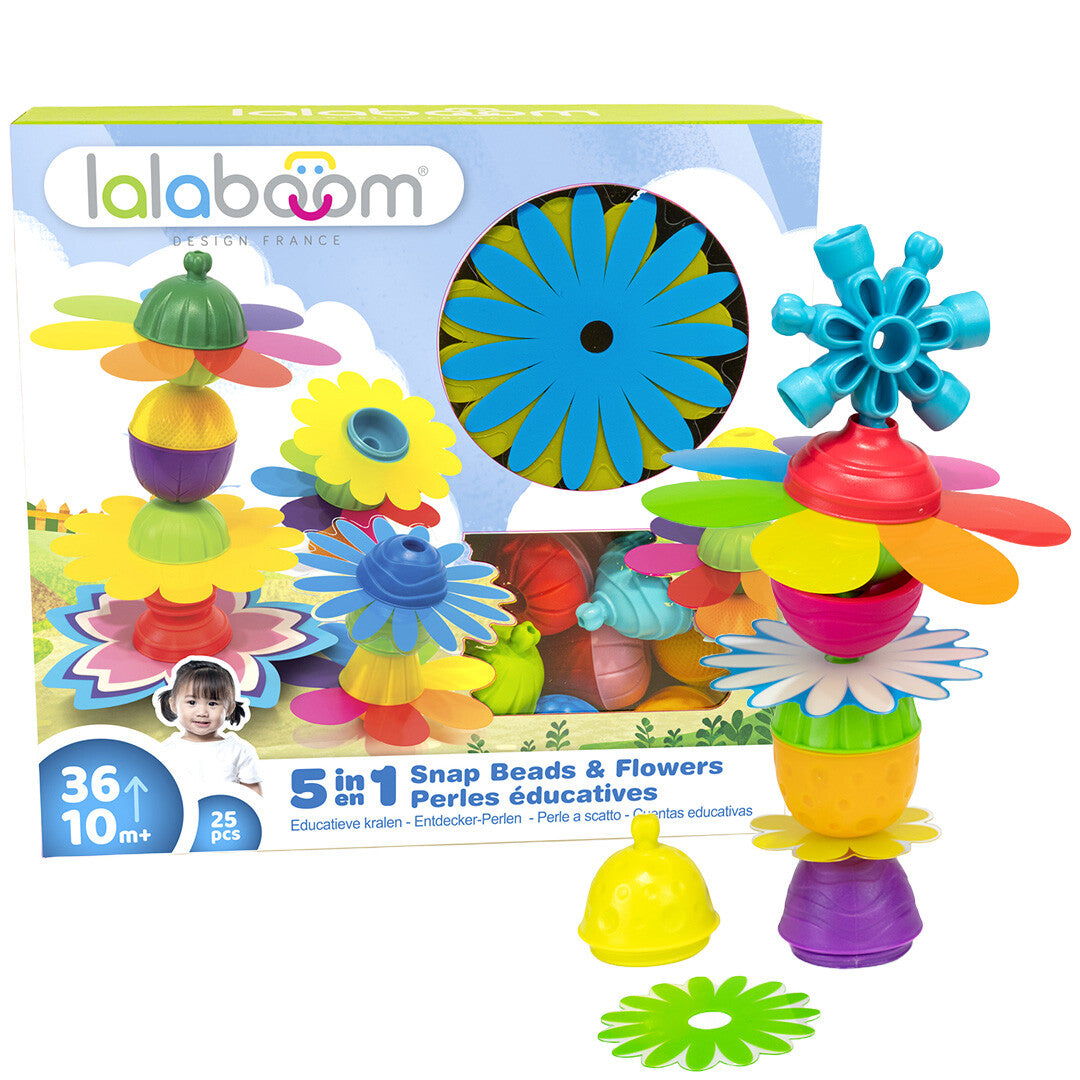 Lalaboom educatieve klikkralen bloemen bouwset in de verpakking, met voorbeelden van kleurrijke bloem- en kraalvormige onderdelen.