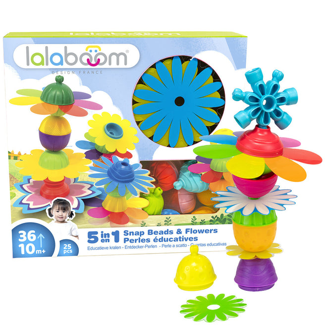 Lalaboom educatieve klikkralen bloemen bouwset in de verpakking, met voorbeelden van kleurrijke bloem- en kraalvormige onderdelen.