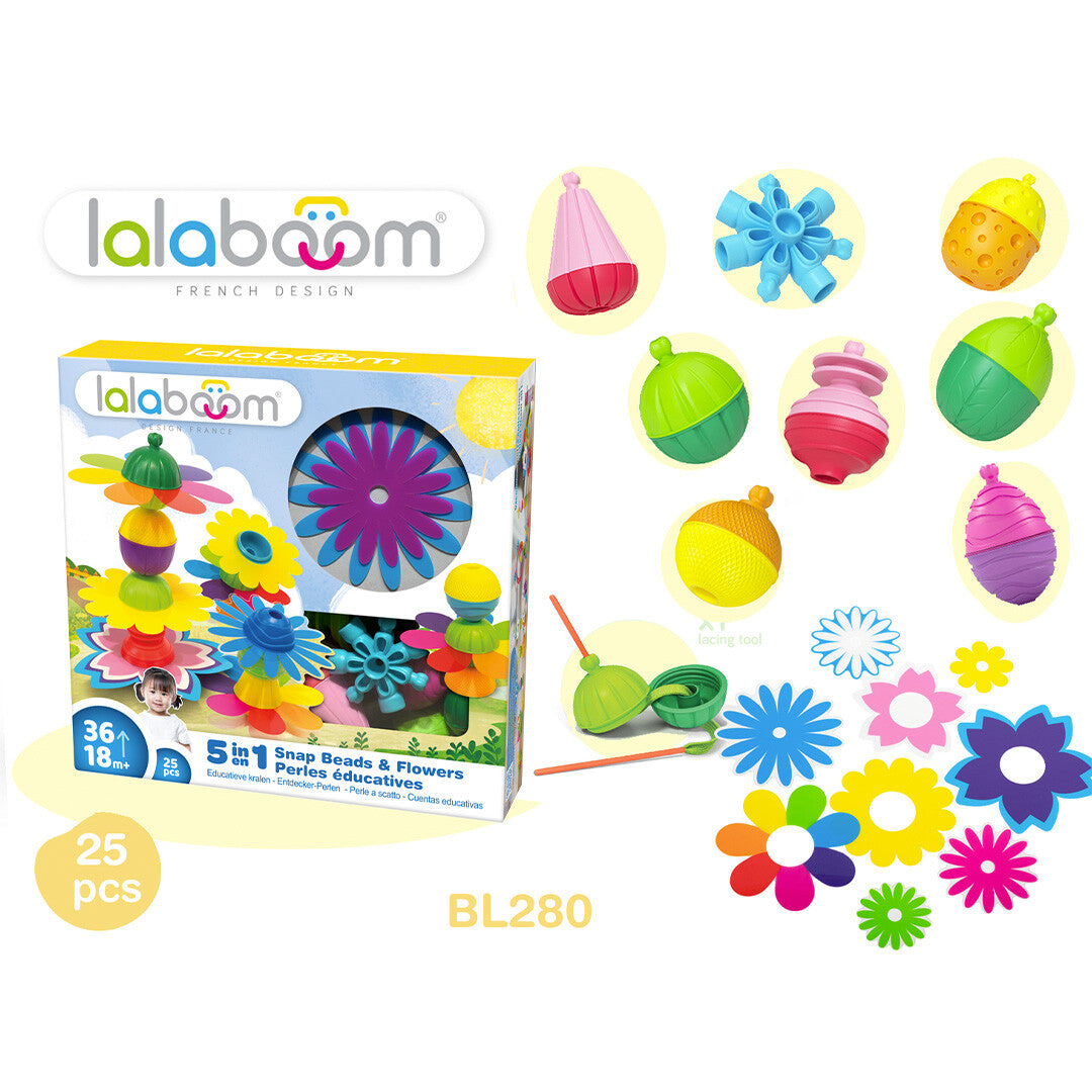 Een overzicht van de Lalaboom educatieve klikkralen bloemen set met losse kleurrijke kralen, bloemvormen en de verpakking op de achtergrond.