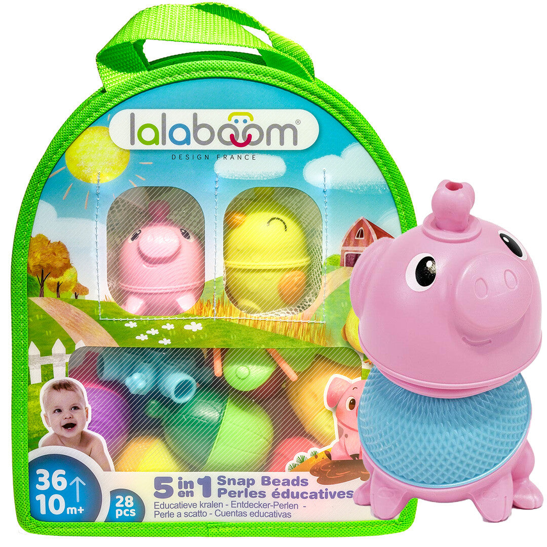 De verpakking van de Lalaboom educatieve klikkralen boerderij met een roze varkentje ernaast.