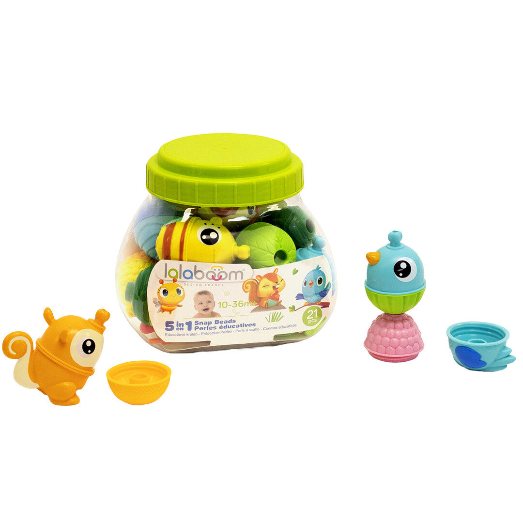 Lalaboom educatieve klikkralen dieren set in een transparante pot met een oranje eekhoorn en een blauw-roze vogeltje ernaast.