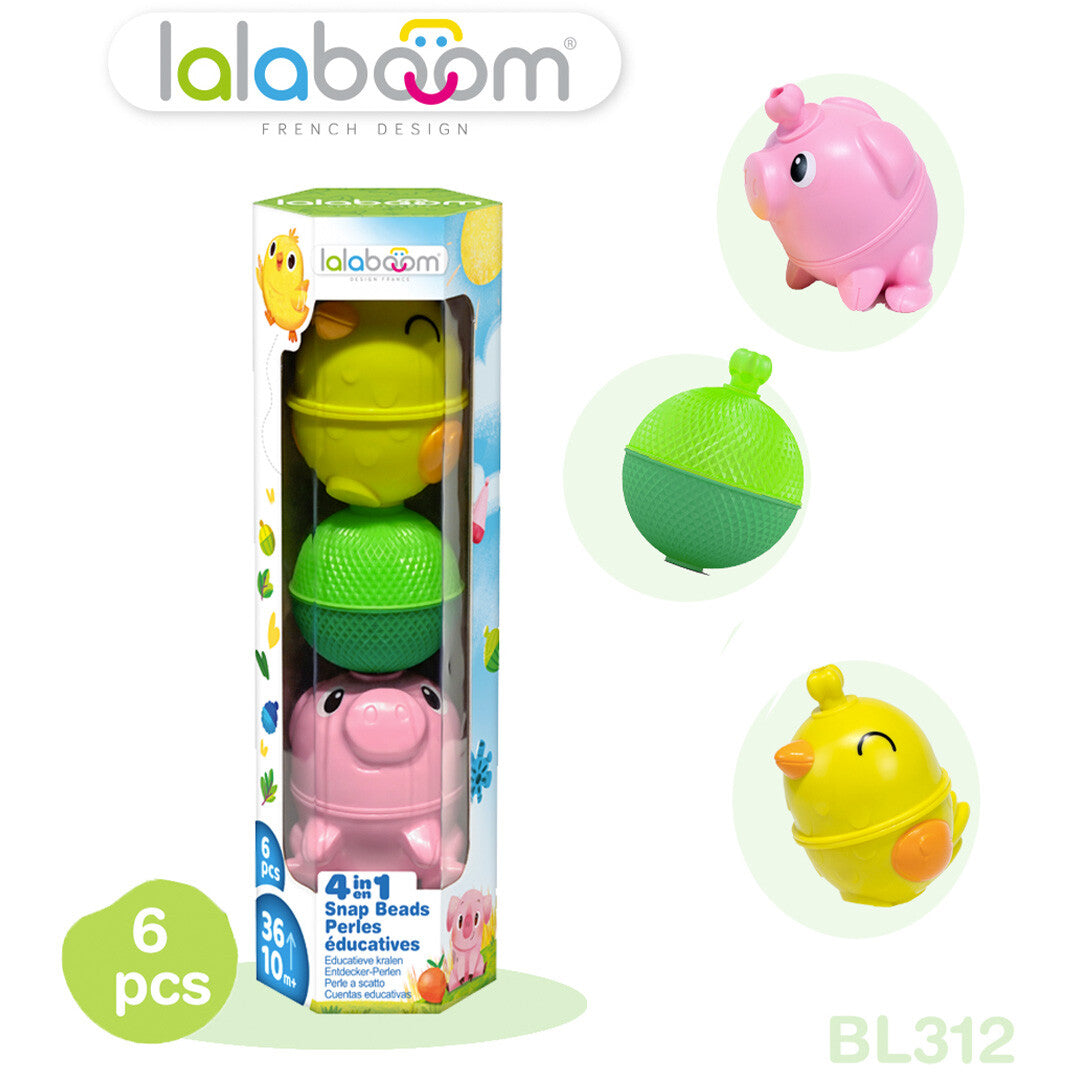 Lalaboom babyspeelgoed sorteer- en stapelkralen met een gele kip, groene kraal en roze varken, deels in de verpakking en deels los weergegeven als infographic.