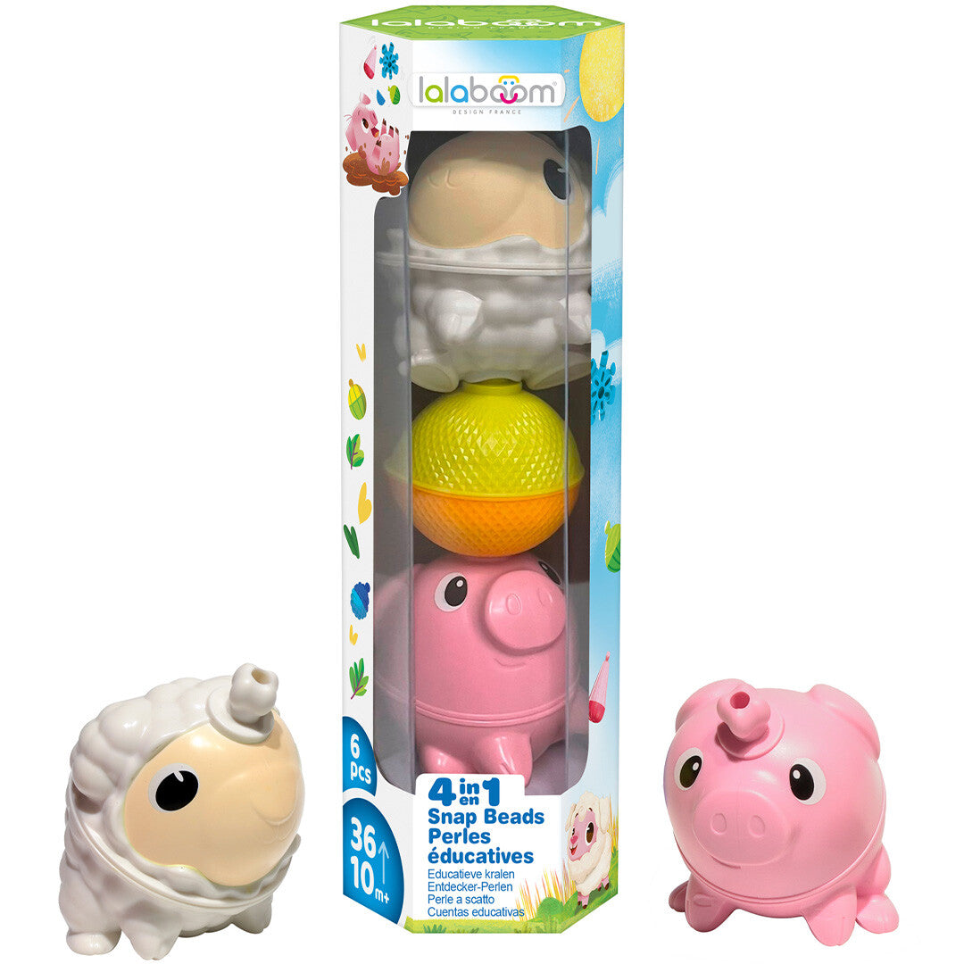 Lalaboom klikkralen babyspeelgoed set met schaap en varken in de verpakking, met een losse schaap- en varkenskraal ernaast.