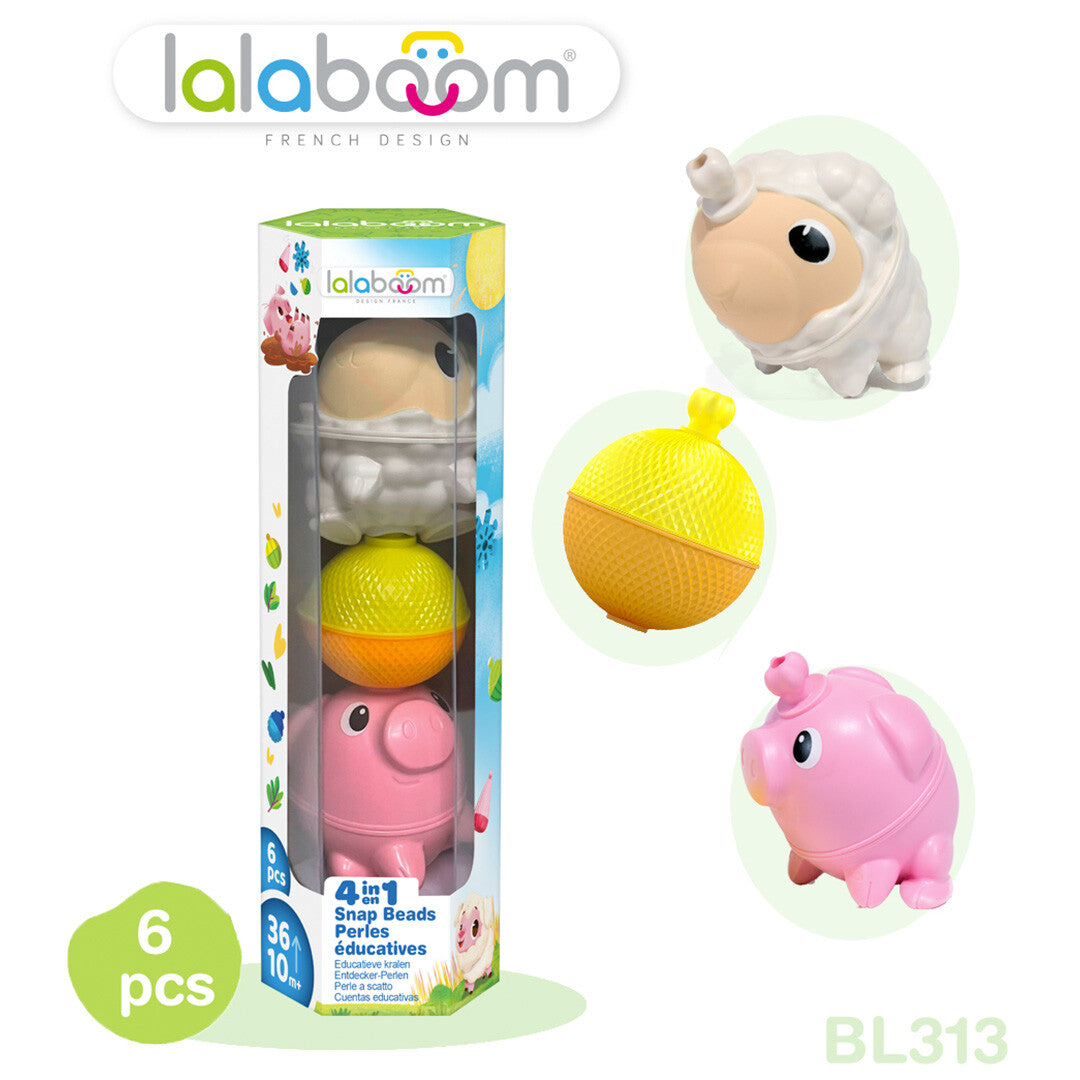 Lalaboom klikkralen babyspeelgoed set met schaap en varken in de verpakking, met losse schaap-, varken- en gele kralen ernaast.