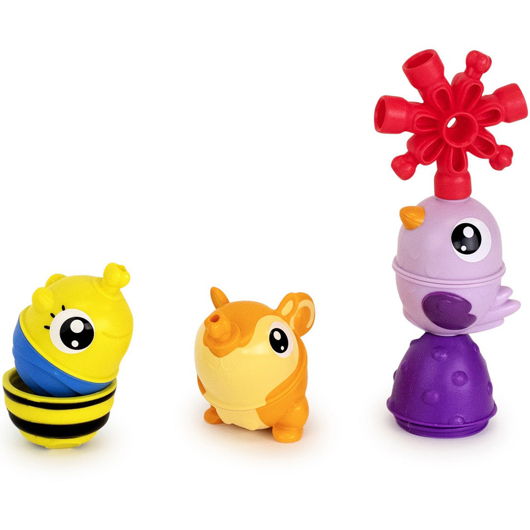 Drie lalaboom klikkralen figuren: een bij, een oranje dier en een paarse vogel met rode connector.