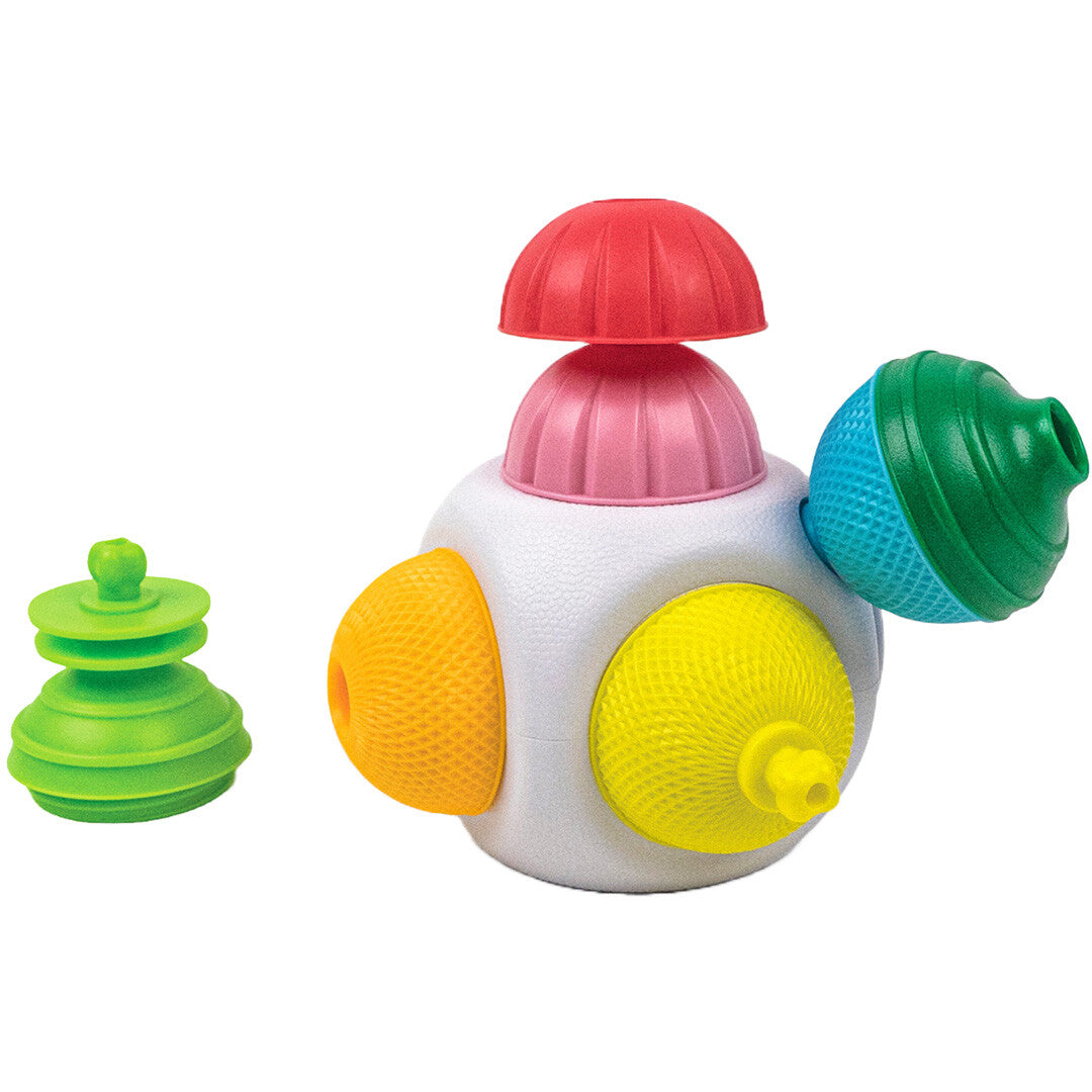 lalaboom veelkleurig babyspeelgoed met een witte kubus en een losse groene getextureerde klikkraal.