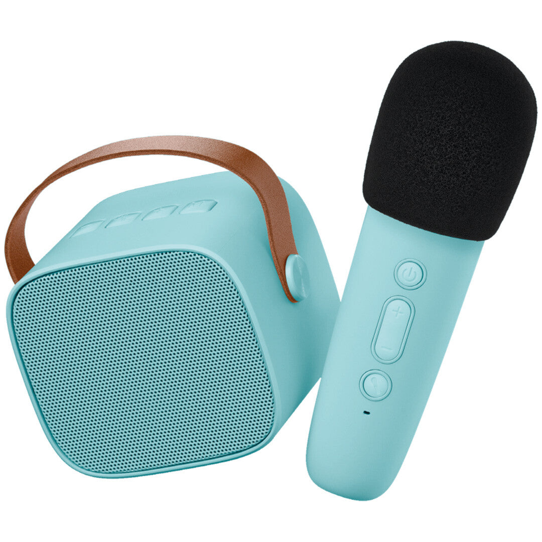 Lalarma copenhagen blauwe karaokeset met speaker en microfoon op een witte achtergrond.