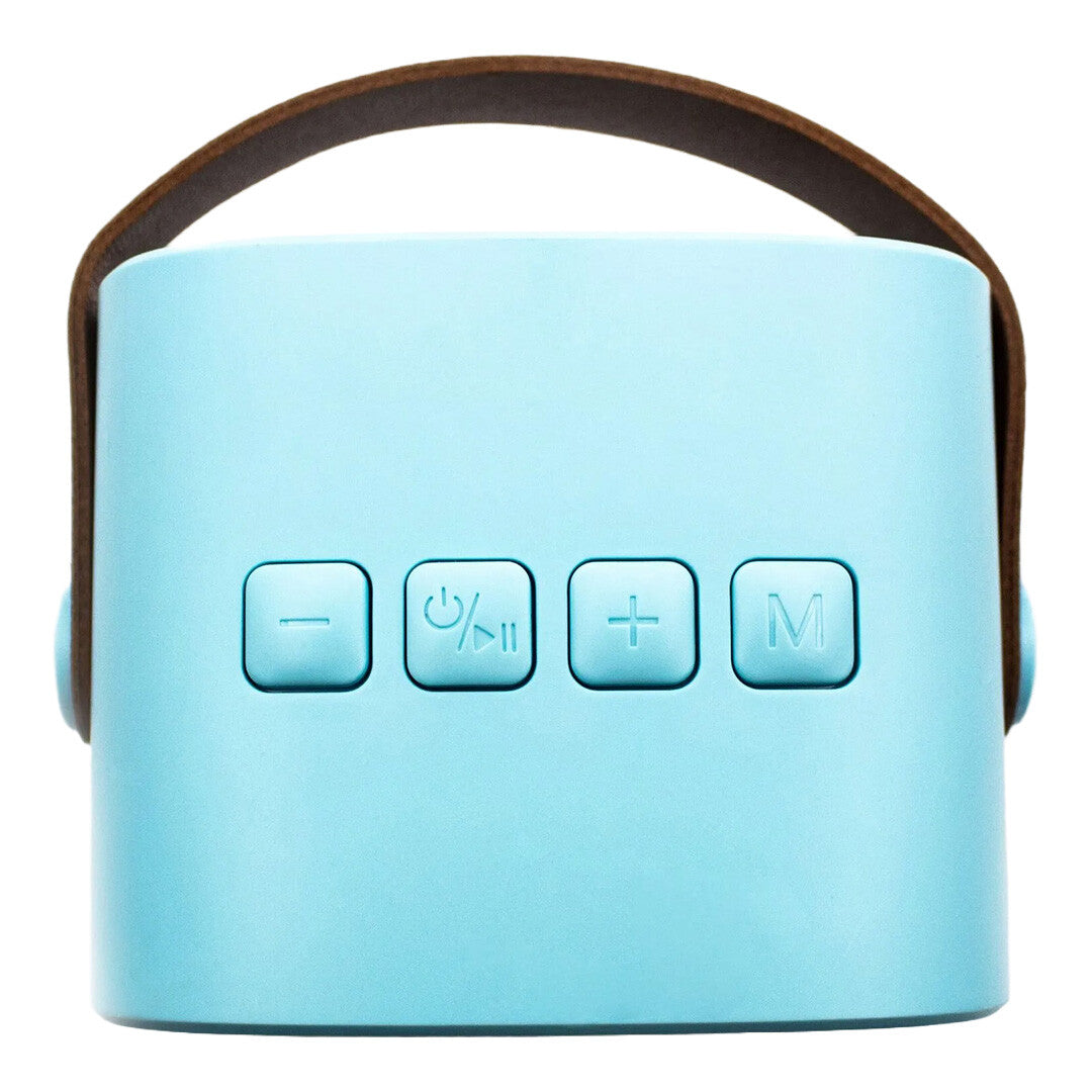 Achterkant van de blauwe lalarma copenhagen karaokeset speaker met bedieningsknoppen en een bruin handvat.