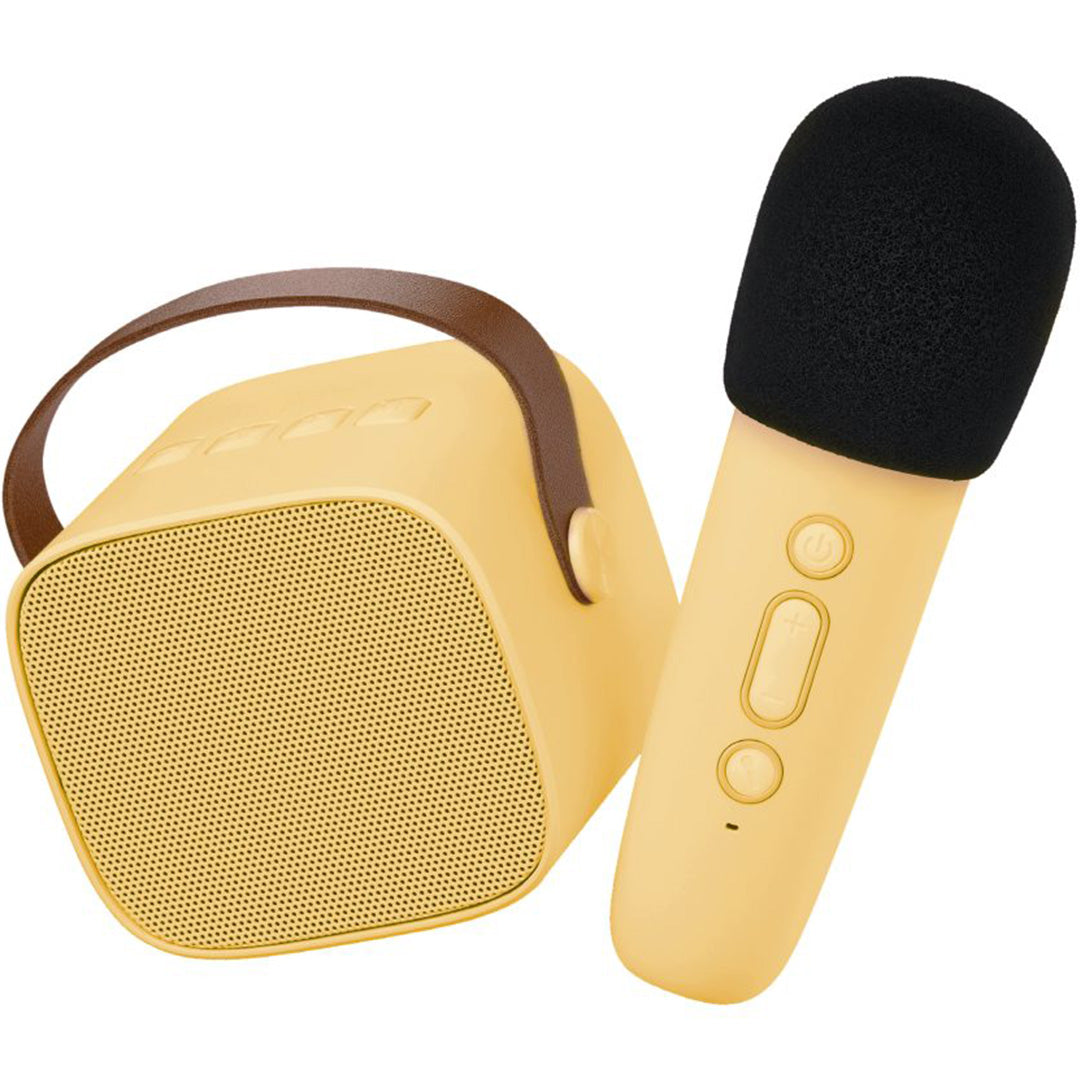 lalarma copenhagen gele karaokeset met speaker en microfoon.