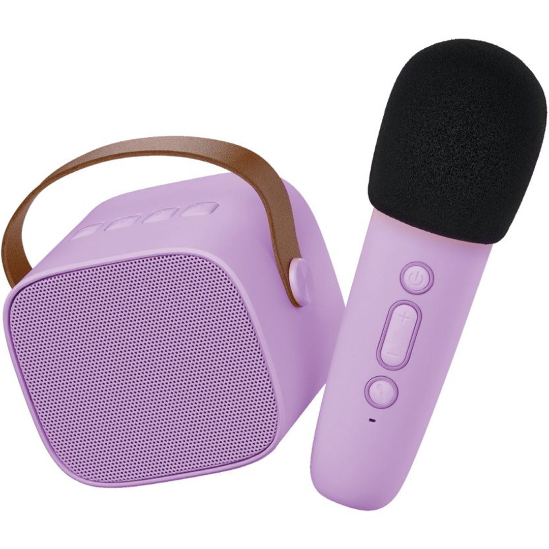 Lalarma Copenhagen lila karaokeset met paarse speaker en microfoon.