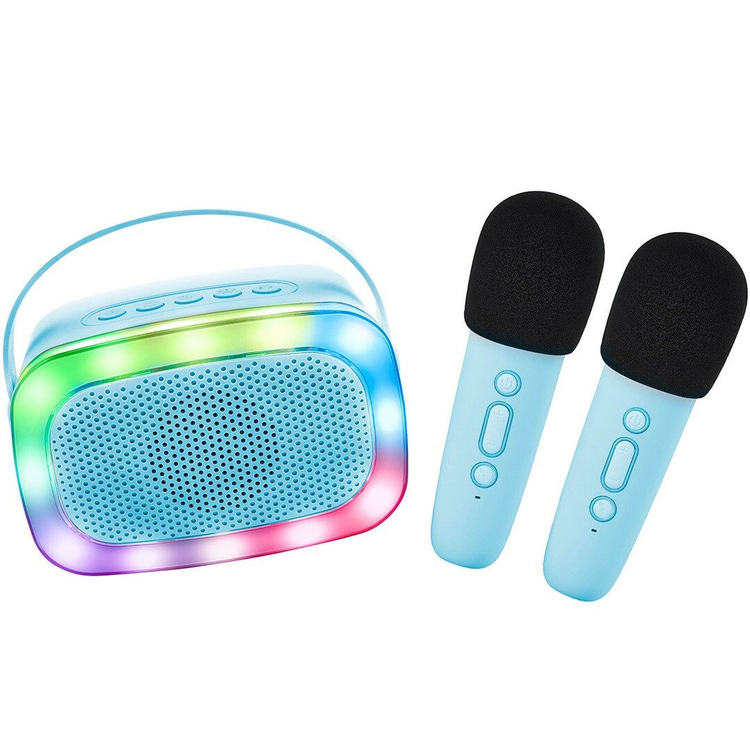 lalarma copenhagen blauwe karaokeset met lichtgevende speaker en twee microfoons.