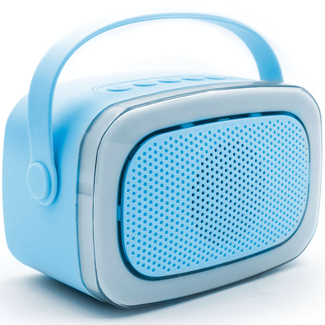 lalarma copenhagen blauwe karaokespeaker met handvat en lichtblauwe grille.