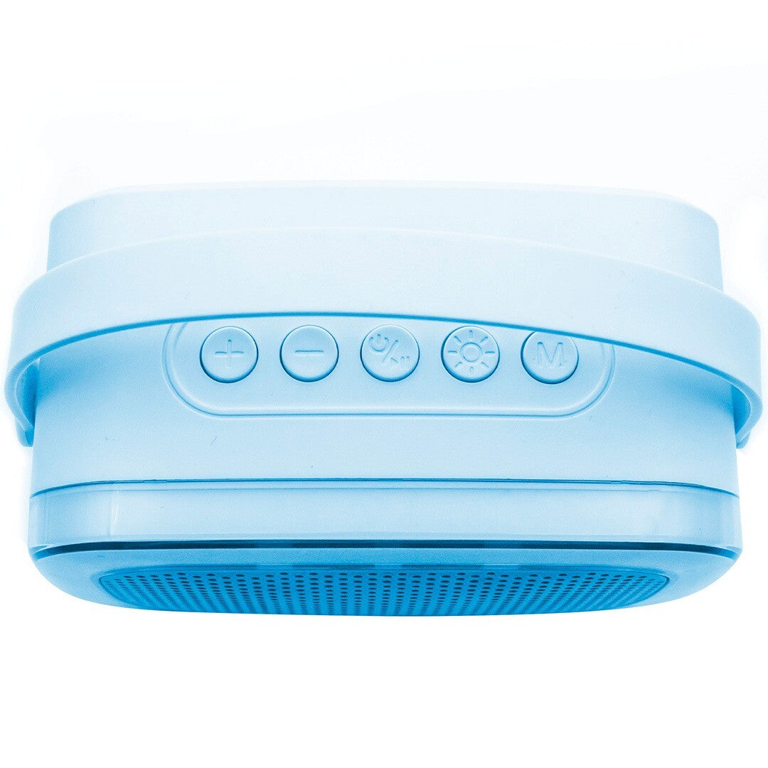 Bovenaanzicht van de lalarma copenhagen blauwe karaokespeaker met bedieningsknoppen.