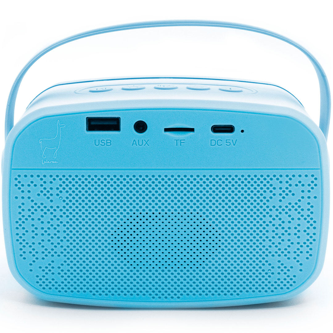 Achteraanzicht van de lalarma copenhagen blauwe karaokespeaker met USB-, AUX- en TF-poorten.