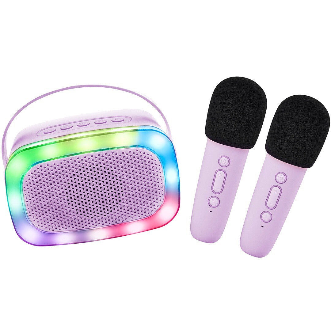 lalarma copenhagen paarse karaokeset met lichtgevende speaker en twee microfoons.