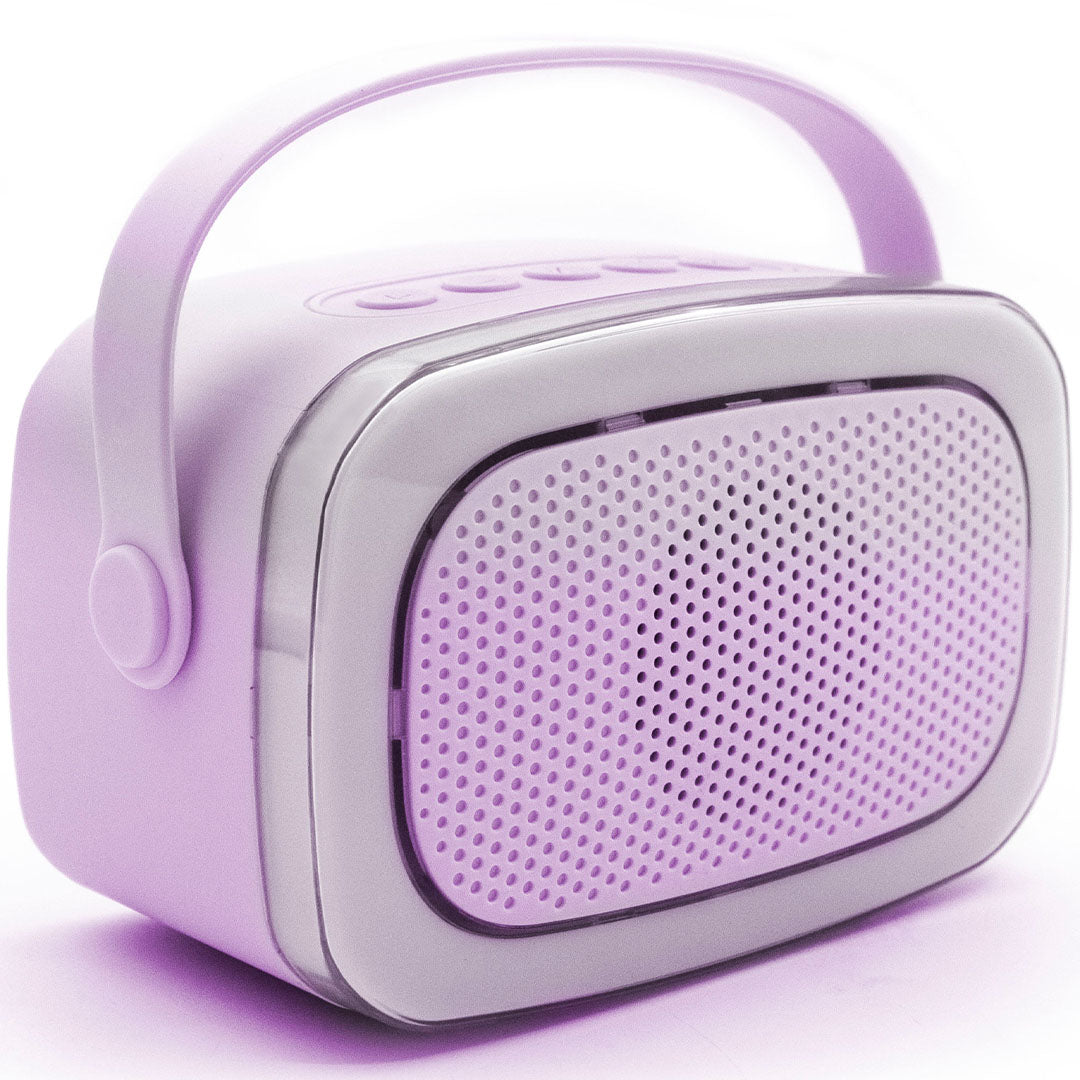 Schuin vooraanzicht van de paarse lalarma copenhagen karaokeset speaker met handvat.